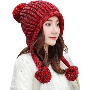 Women Red Winter Peruvian Cover Ears Beanie Hat Ear Flaps Sherpa Ski Snow